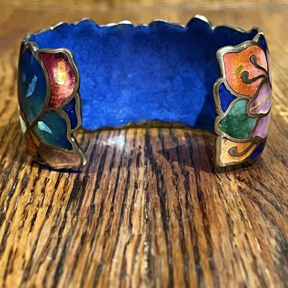 Vintage Signed David Kuo Champleve Enamel Cuff Bracelet Cloisonné Butterfly - Picture 5 of 16
